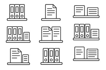 File and document line icon set. Archive, binder, and folder collection for office data storage and organization. Paperwork, bureaucracy, and information management symbols.