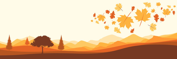 Golden hour fall season vector banner with flying autumn leaves over rolling hills and sparse trees ideal for seasonal marketing campaigns