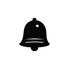 A stark, black silhouette of a classic bell shape with a clapper is presented against a white background.