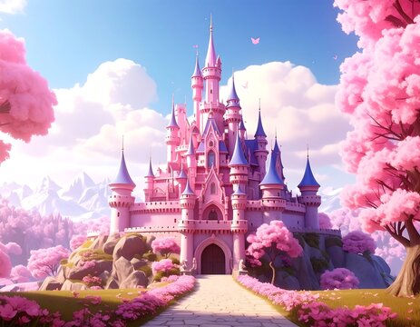 Pink fairytale castle in spring