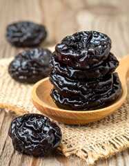 Dried plums stacked in a wooden spoon on burlap
