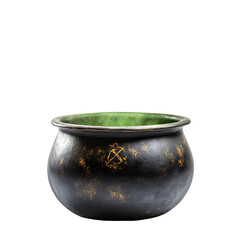 Scary cauldron with green smoke, white isolated bg