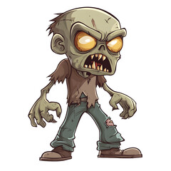Angry cartoon zombie walking, white isolated bg