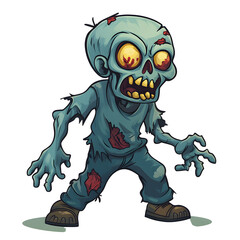 Angry cartoon zombie walking, white isolated bg
