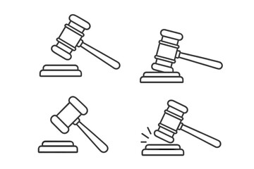Judge gavel vector icon set. Law and justice concept. Court auction hammer symbol. Legal verdict, judgment, and authority outline pictogram collection with editable stroke.