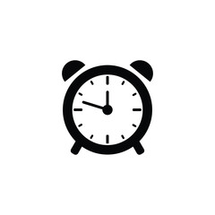A minimalist, black and white icon of a classic twin-bell alarm clock set to 10:00.