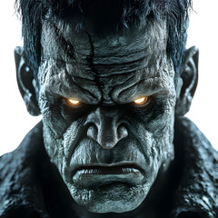 Angry Frankenstein with glowing eyes, white isolated bg