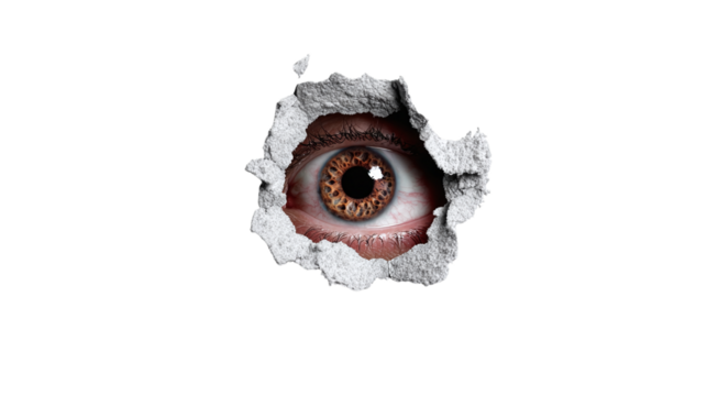 Eye peering through torn paper isolated on transparent background