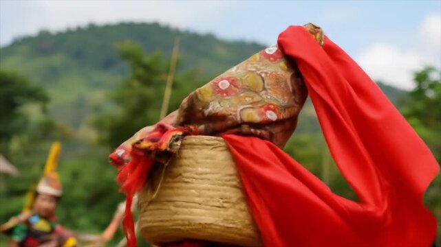 A devout Hindu woman carrying a traditional bamboo basket with offerings on her head during the holy chhath puja festival ritual
