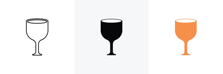 Three styles of wine glass icons outline silhouette and colored