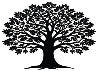 Vector silhouette of a tree with roots and branches, a floral illustration depicting the seasons of nature from spring to winter