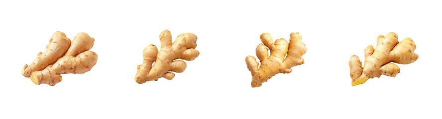 Fototapeta premium Collection of fresh ginger root pieces with natural texture and earthy tones, isolated on black background, PNG set, transparent background