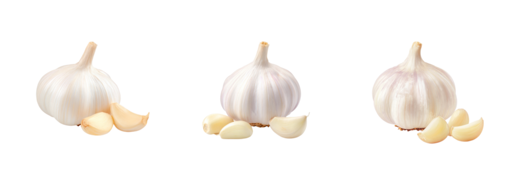 Three whole garlic bulbs and detached cloves on a black background, perfect for culinary design projects, isolated for easy use, PNG set, transparent background