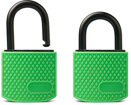 close-up of two padlocks with green textured body and black shackle, one open and one closed, mock-up template of security and protection concept