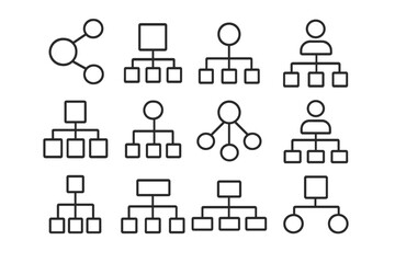Vector mind map and hierarchy icon set for business structure and organization charts. Corporate flowchart and diagram collection. Teamwork and management concept icons.