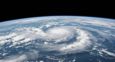Earths clouds forming abstract patterns viewed from above with stars as a constant frame