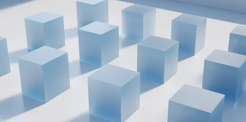 Arrangement of translucent blue cubes on a white surface with soft shadows