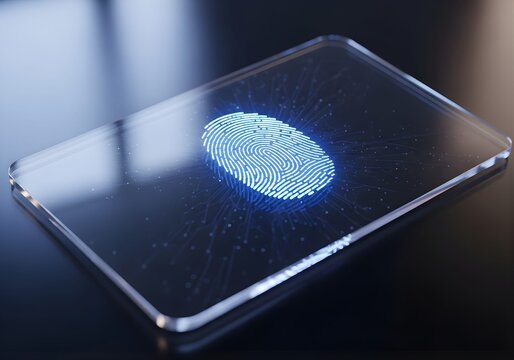 A holographic fingerprint displayed on a futuristic glass identification card