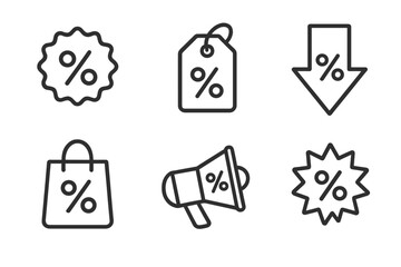 Sale and discount outline icon collection. Vector line icons for promotion and special offer. Percent symbol set with price tag, shopping bag, down arrow, badge, and sticker.