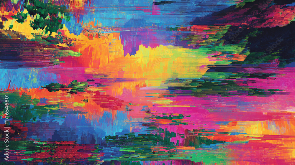 Poster vivid abstract artwork with horizontal strokes of vibrant colors like blue pink orange yellow and gr