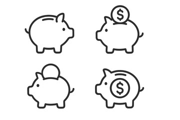 Piggy bank line icon set. Money saving concept. Financial investment symbol collection. Banking and budget management pictogram. Vector illustration with editable stroke.