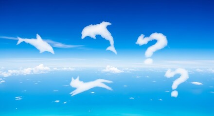 Clouds shaped like animals and question marks in a blue sky.
