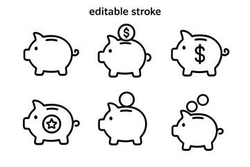 Piggy bank outline icons set, editable stroke vector collection, cartoon pig savings symbol, money coin deposit illustration for infographics, articles, books, flyers, banners
