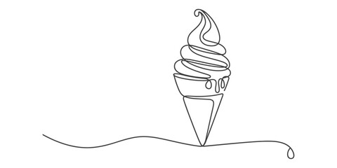 Simple hand drawn sketch of a swirl soft serve ice cream cone melting on a wavy line
