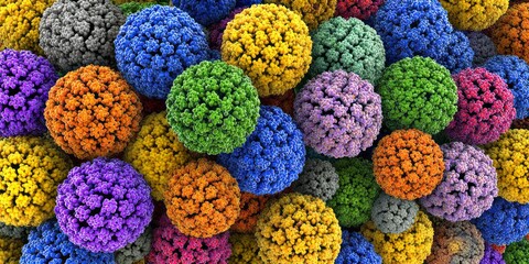 Colorful virus particles densely clustered together, showcasing intricate structures and vibrant hues.