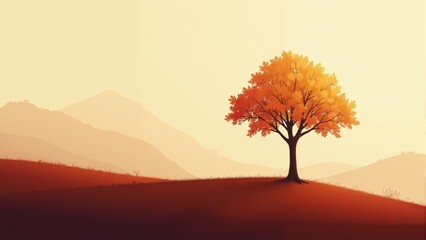 Vibrant autumn tree standing alone on a gentle hill at sunrise, bathed in warm golden light