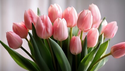 Obraz premium Pink Tulips In A Vase With Green Leaves