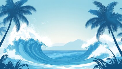 Obraz premium The background is light blue, with a large wave in the foreground and palm trees on both sides of it. The illustration style features a flat design, with detailed elements, and high-definition