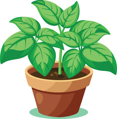 Vector art of a potted basil plant with vibrant green leaves, sitting in a brown pot, perfect for adding a touch of freshness
