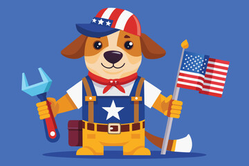 Vector art of cartoon dog worker holding wrench and american flag celebrating labor day isolated on blue background