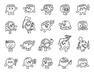 Coconut character set in outline line art showing different emotions and poses including greeting, studying, cooking, celebrating, relaxing, shopping, reading, sleeping, eating and drinking