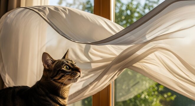 Tabby cat looks out window through flowing sheer curtains with sunlight and green foliage - Powered by Adobe