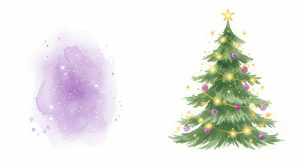 Christmas tree with purple watercolor background in festive style  