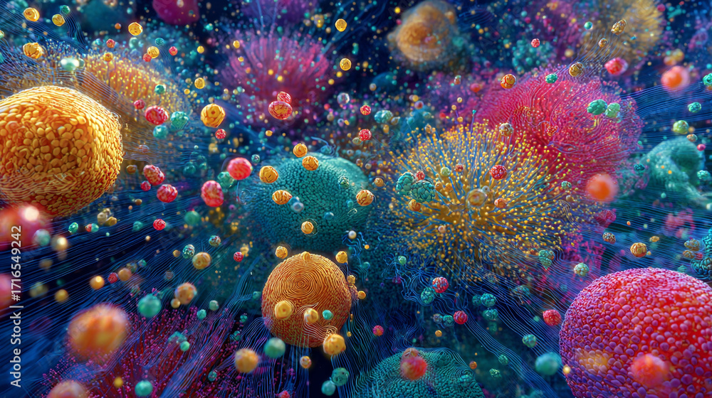 Poster vibrant colorful spheres and structures float in a dynamic abstract space