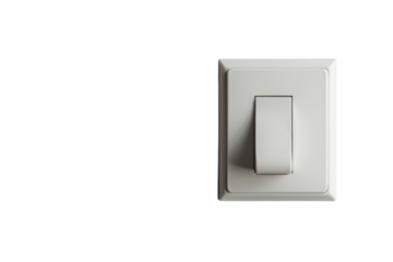 A modern white light switch with a lever on a transparent background