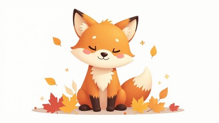 Charming cartoon fox sitting among colorful autumn leaves in a warm and inviting landscape