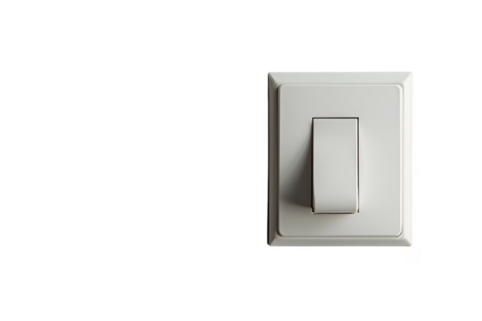 A modern white light switch with a lever on a transparent background