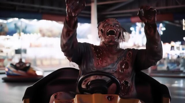 A horrifying undead creature with decayed skin and open mouth is depicted in a bumper car. Arms are outstretched as it rides through an amusement park at night.
