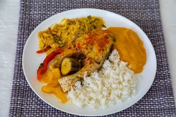 Traditional Brazilian fish moqueca with fresh yellow hake fish fillets, Cynoscion acoupa, with farofa, pirão and white rice. Pescada amarela and dende oil.