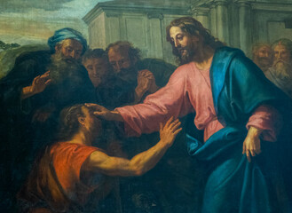 Painting (19th century) of Jesus Christ heals a blind man. Miracles of the Bible.