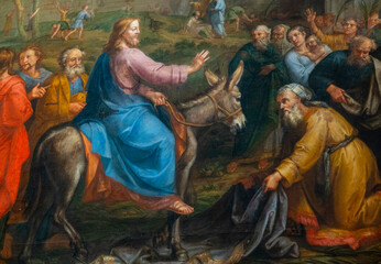 Obraz premium Painting (19th century) of Palm Sunday : Jesus enters Jerusalem on a small donkey.