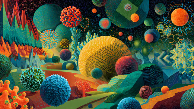 Abstract colorful spheres and crystalline structures in a vibrant landscape a surreal microcosm