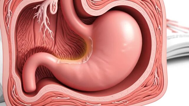 3D Anatomy of Human Stomach with Acid Reflux Indication - Detailed Cross Section of Digestive System Organs for Medical Education