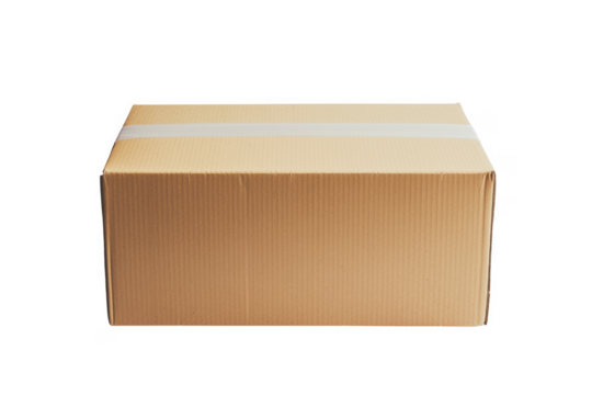 A simple cardboard box sealed with tape against a transparent background for packaging