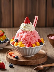 A vibrant pink shaved ice dessert topped with whipped cream, strawberries, blueberries, mango, and a candy cane stick, served in a white bowl on a wooden table.