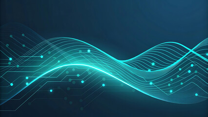 Abstract glowing neon blue digital wave data stream on dark background